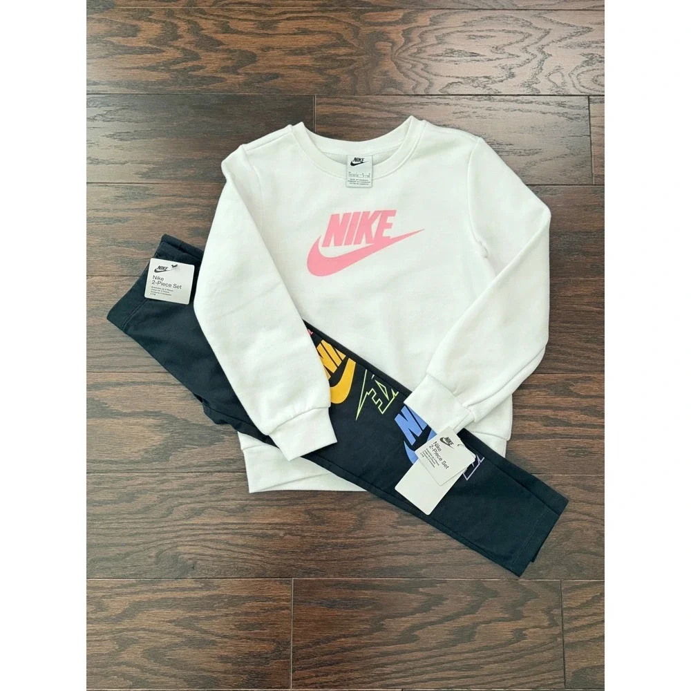 Nike Girls 2-Piece Set Sweatshirt and Leggings White Black Pink Size 6X - Picture 2 of 9